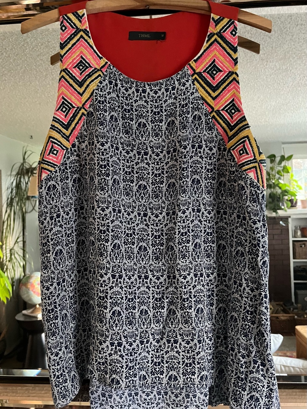 THML Medium Navy Blue and White with Multicolored Geometric-Trim Printed Tank